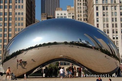 Капля ртути массой в 110 тонн в центре Чикаго. Америка. Клауд Гейт (Cloud Gate). Государственная скульптура британского художника и скульптора Аниша Капура (Anish Kapoor)