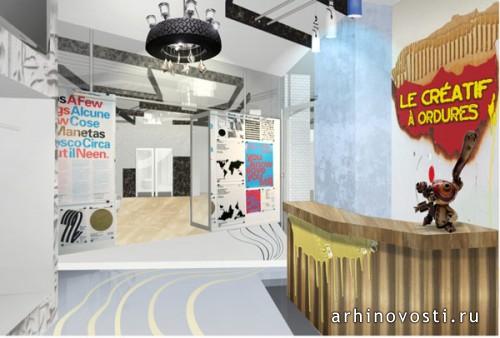 Интерьер холла салона мебели из нестандартных материалов. 