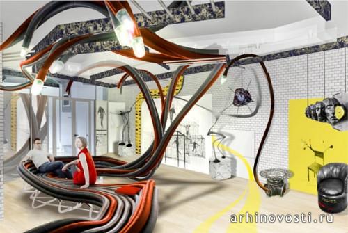 Интерьер выставочного зала с инсталляционной экспозицией. Салон мебели из нестандартных материалов. 