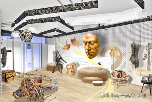 Интерьер выставочного зала с инсталляционной экспозицией. Салон мебели из нестандартных материалов. 